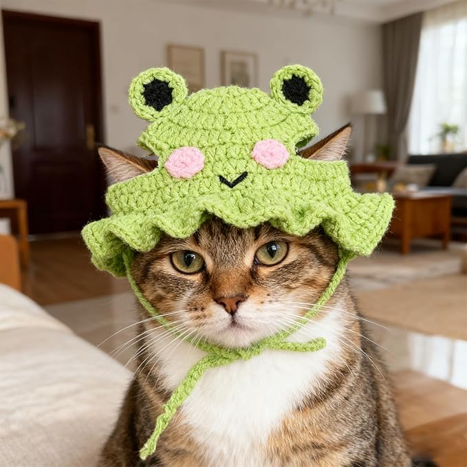 1 PCS Cat Hat Cute Frog Shape Pet Cap Frog & Flower Cats Hat Cotton & Soft Cute Knitted Cats Hats Cutes Knitted Cat Costume for Small Pets (Green, M)