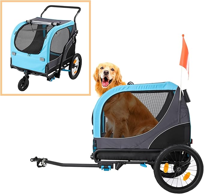 ClevrPlus 2-in-1 Pet Bike Trailer & Large Foldable Dog Stroller Pet Cart Carrier, Blue, 80 Lbs Capacity, Dog-Friendly Designs, Easy Folding Frame, Universal Bicycle Coupler, and Safety Flag