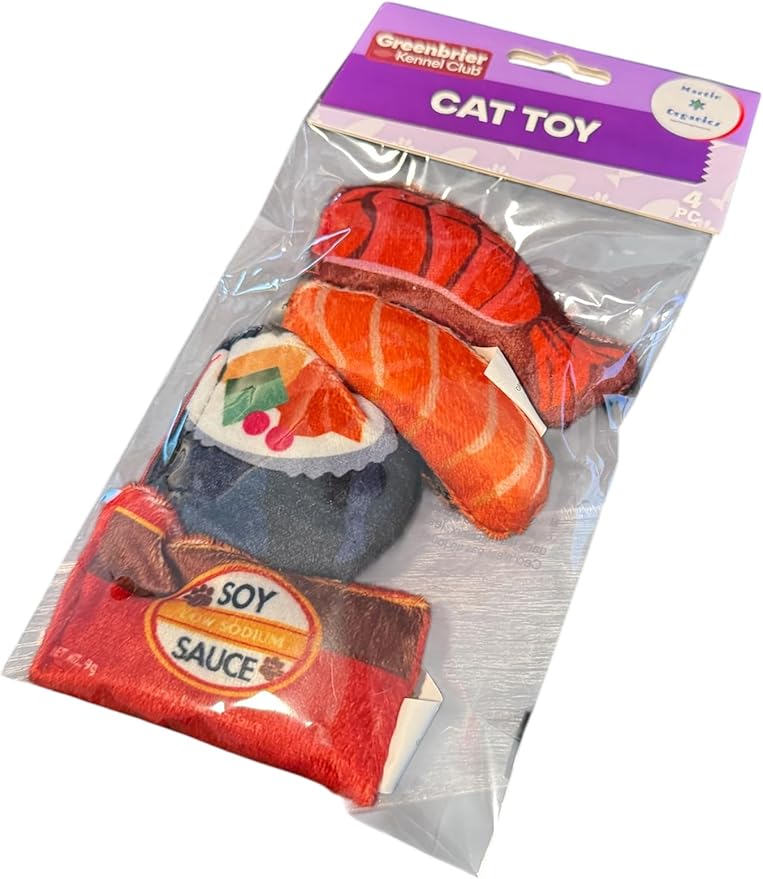 4 Cushion Cat Fun, Soft Plush Designs, Fish, Sauce and Food Themed, Set of 4