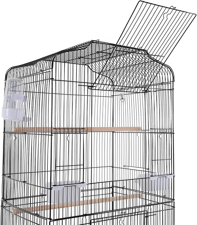 Bird Cage with Wheels, Breeding Cage Wrought Iron Flight Cage with Wooden Stand, Removable Tray & Feeding Bowls for Parrots, Canaries, Lovebirds Finches, 18" L x 14.6" W x 54" H