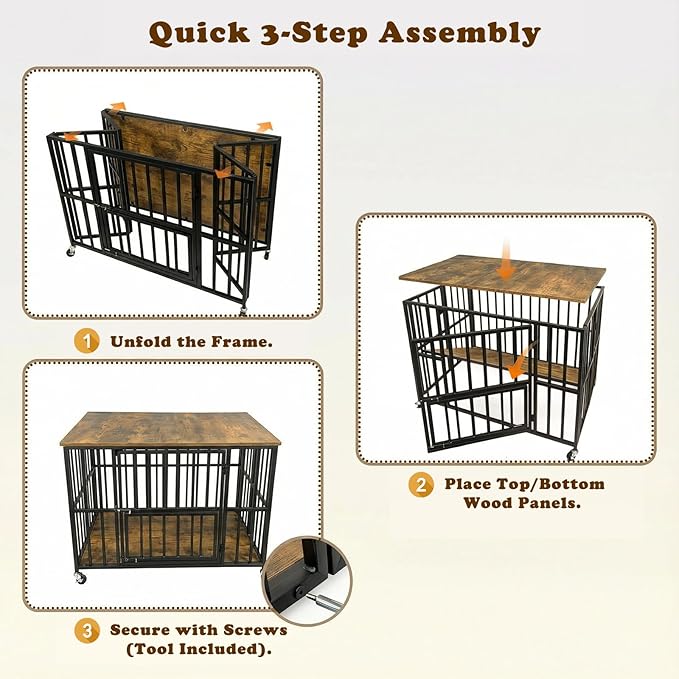 43" Dog Crate Furniture Foldable, Large Dog Kennel Furniture with Swing-Out Bowl & Dual Base Sets (Feet+Wheel), No Assembly Foldable Dog Crate Furniture, End Table for Large Dogs, Rustic Brown