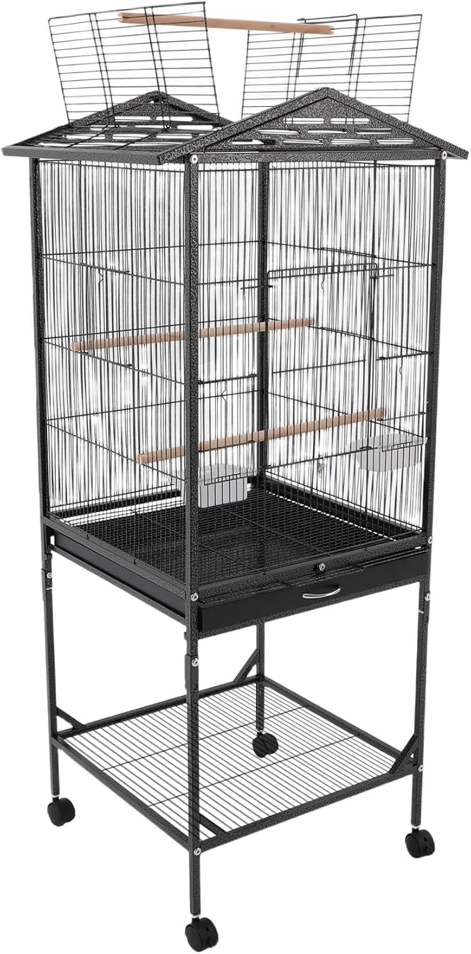 Large Bird Cage, Movable Pet Bird Flight Cages with Wheels 4 Feed Windows Slide-Out Tray, Panorama Bird Aviary 18.11x18.11x49.21in for Parrot, Parakeets, Budgerigars(Black Style1)