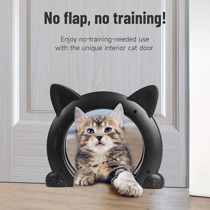 Cat Door Interior Door for Kitties, Pet Door for Hollow Door, Kitty Door, Indoor, Secured Installation in Minutes, No-Flap（Black）