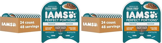IAMS Perfect Portions Indoor Adult Wet Cat Food Cuts in Gravy,Chicken Recipe,2.6 oz. Easy Peel Twin-Pack Trays (,48 Servings),24 Count (Pack of 2)