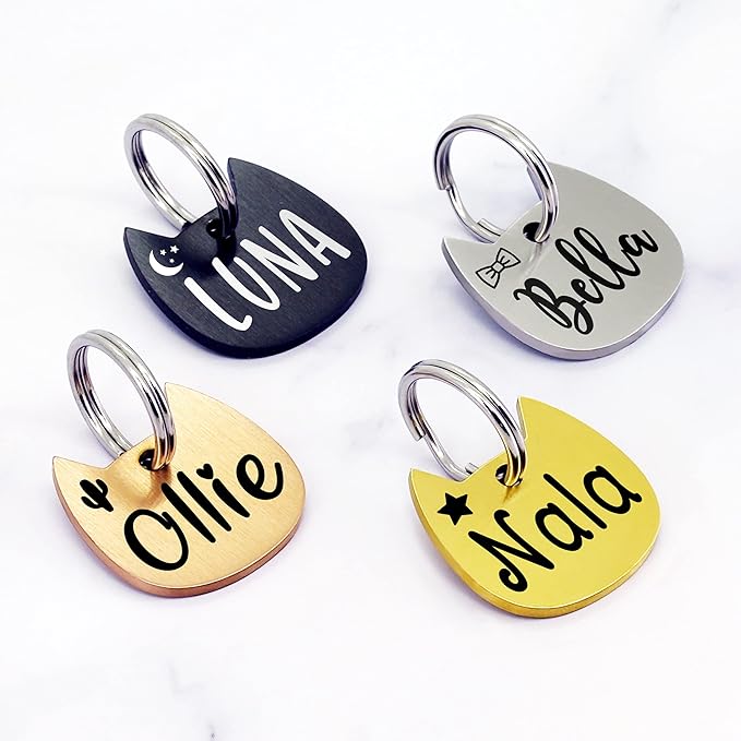 Ultra Joys Cat ID Tag Personalized Pet Tags, Durable Stainless Steel Small Pet Mini Dog Cat Tag Lightweight - Cathead Tag in Rose Gold