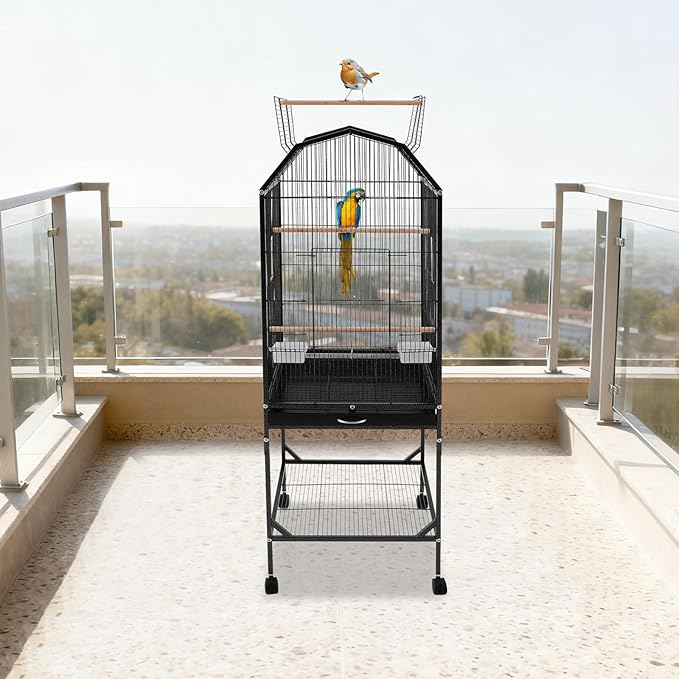 Bird Cage with Wheels, Open Top Breeding Cage Wrought Iron Flight Cage with Rolling Stand, Removable Tray & Feeding Bowls for Parrots, Canaries, Lovebirds Finches, 18" L x 18" W x 54" H
