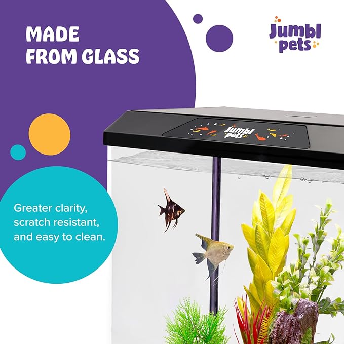 JumblPets Starter Fish Aquarium Kit, 2 Gallon, Complete Beginner Glass Fish Tanks Set with LED Lighting, Internal Filtration System, Filter Media Set, Hood & Lid, Ideal for Freshwater and Marine Fish