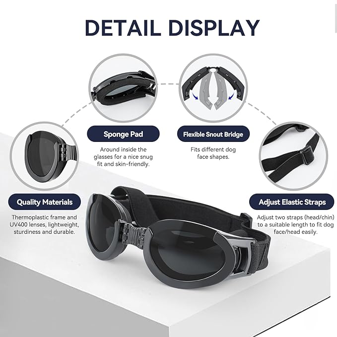 PETLESO Dog Goggles Medium Breeds, Clear UV Protection Dog Sunglasses with Black Replaceable Lenses, Adjustable Doggy Glasses for Outdoor Activities Hiking/Camping Windproof Pet Eyewear
