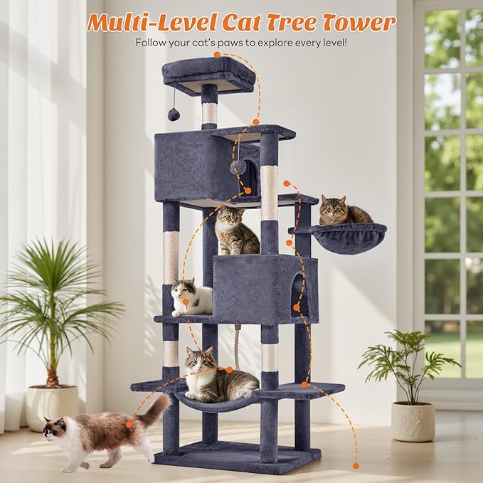 Sweetcrispy 66 Inch Cat Tree Tower, Multi Level Cat Climbing Tower with Natural Sisal Scratching Posts, Hammock, Pet Condo for Indoor Cats and Kittens Play, Dark Grey