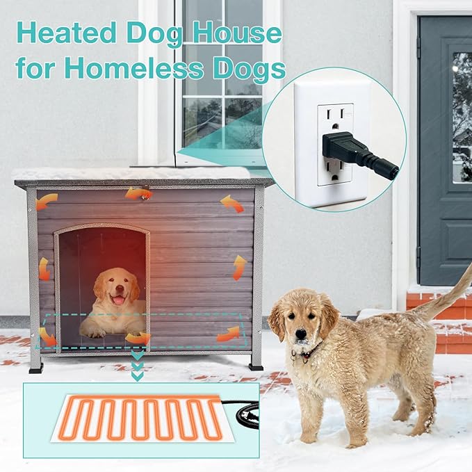Feral Dog House Outdoor,Anti Bite Iron Frame Dog Kennel,Wood Warm Pets Home,Insulated Weatherproof Outside Shelter for Feral Animal (43.3" (L) x 29.4" (W) x 33.4" (H)-Grey-in)