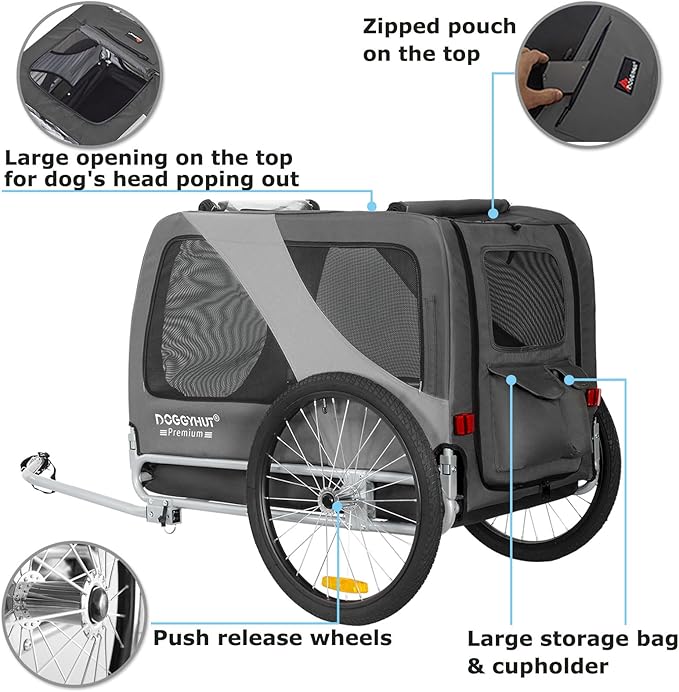DOGGYHUT® Premium XL Pet Bike Trailer for Large Dog or Multiple Small Dogs, Up to 100 lbs,Dog Bicycle Carrier,Low Center of Gravity,Easy Folding Frame Cart