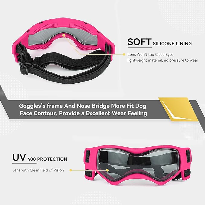 Dog Goggles Dog Sunglasses for Medium Breed UV Protection Windproof with Adjustable Head Straps Chin Straps for Ride Car/Hiking Travel/On Beach-Pink