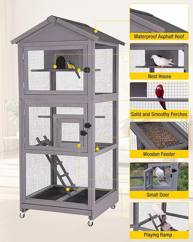 Large Bird Cage with Wheels - Wooden Aviary Large Mobile Bird House with Play Stand, Perches & Nest, Easy-Clean Mesh Design for Outdoor