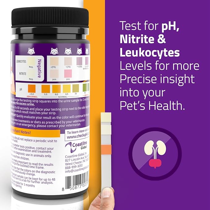 KIT4CAT CheckUp Cat and Dog UTI Urine Test Strips | 3 Parameters CheckUp in 1- a More Detailed Test of 3 UTI Related Markers - pH, Nitrite and Leukocytes Levels x50