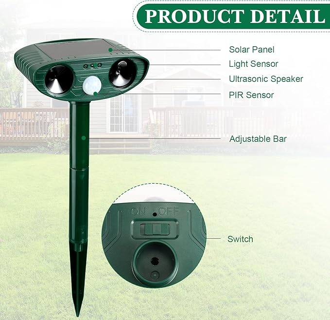 Ultrasonic Animal Repeller Outdoor Solar Ultrasonic Repellent Animal Deterrent with Motion Sensor Waterproof Deterrent Scarer Repel Cat Dog Squirrel Raccoon Skunk Rats (Green,4 Pack)