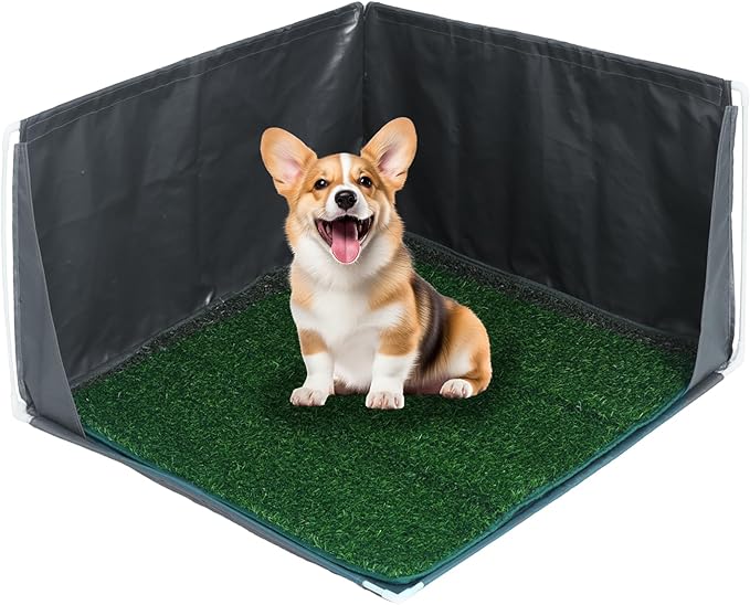 32" x 32" x 17" Dog Litter Box with High Walls with Artificial Grass Hemmed Edge, Portable Dog Potty Tray Large Puppy Potty Training Pad Tray Pet Toilet for Small Medium Dogs
