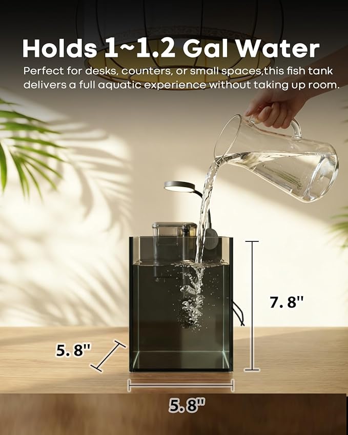 Desktop Small Aquarium Set Glass Fish Tank 1.25 Gallon, Heater Water Pump Filter Bright LED Light Gravel Cleaning Tool, Starter Kit Small Space Easy Setup Space-Saving Design Betta Shrimp