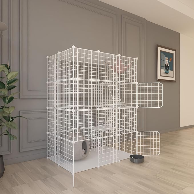 Indoor Cat Cage Enclosure DIY,Cat Playpen Catio Thick Metal Wire Kennels for 1-3 Cats Kitten Cage Detachable Patio Cat Crate (White, 41" L x 28" W x 55" H)