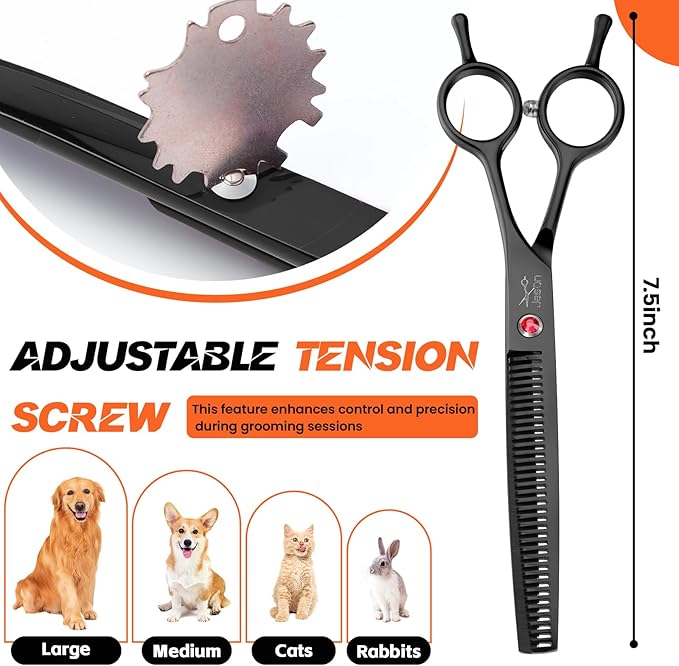 JASON 7.5" Dog Grooming Scissor - Professional Thinning Shear with 37 Teeth Japanese Stainless Steel Blender Scissors for Dogs, Cats and Other Pets (Thinning, Black) Christmas Gift