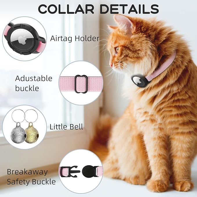 AirTag Cat Collars, Stretchy Collar with Apple AirTag Holder and Bell, Breakaway Ultra Design Elastic GPS Tracking Collars for Cats and Puppies, (7.5-12.5 Inch), Pink