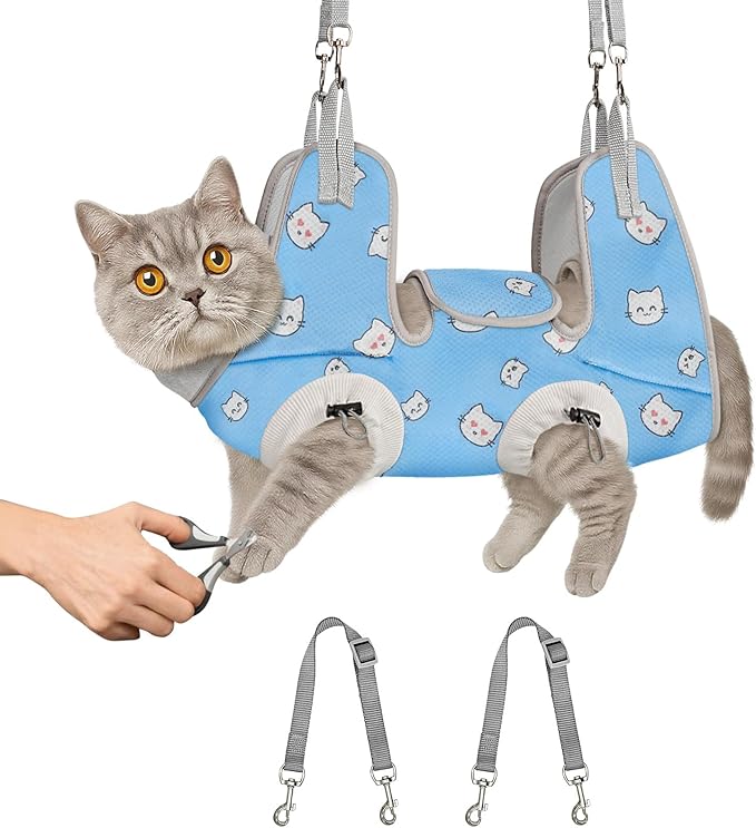 Supet Cat Grooming Hammock Harness for Nail Trimming, Cat Grooming Hanging Sling for Nail Clipping, Pet Restraint Holder for Cutting Nails, Medicine, Ear & Teeth Cleaning, Eye Care (BlueCat L)