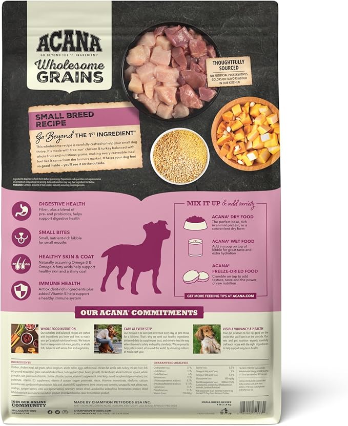 ACANA Wholesome Grains Dry Dog Food Small Breed Recipe Real Chicken Eggs and Turkey 4lb Bag
