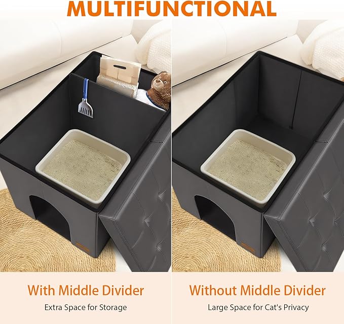 Cat Litter Box Enclosure Furniture for Odor Control, Hidden Cabinet Cat Litter Box Furniture Ottoman with Flip-Up Lid,Cats Litter Box Bench with Storage Space, Dog Proof (Gray-Faux Leather, X-Large)