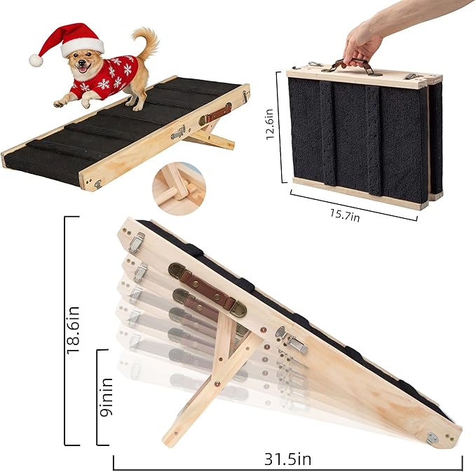 Wooden Pet Ramp for Bed, Foldable Dog Ramp with Removable Side Rails, Lightweight Ramp for Dogs for Large Dogs Senior Cats, Supports up to 50 lbs for Easy Access to Bed or Car (Trumpet)