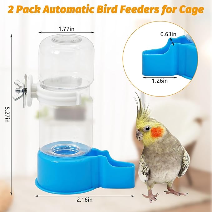 BNOSDM Automatic Bird Water Dispenser 2 Pcs No Mess Parrot Cage Water Feeder Drinker Suspended Bird Drinking Device Parakeet Cage Accessories for Budgies, Cockatiel, Conure, Canary, Finch (Blue)