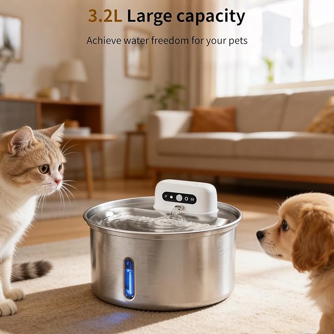 YFL Wireless Cat Water Fountain, 108oz/3.2L Battery Operated Pet Water Fountain, Stainless Steel Dog Water Dispenser with Motion Sensor, Quiet Cordless Cat Fountain for Inside