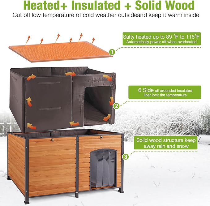 GUTINNEEN 59" Extra Large Heated Outdoor Dog House for Large Dogs Insulated, Thermostat-Controlled Heating with Full 6-Sided Insulation, Metal Frame, Spacious, Cozy, and Safe Winter Shelter (Brown)