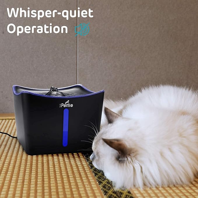 iPettie Kamino Cat Water Fountain, 101oz/3L, Ultra-Quiet Filtered Water Purifier, Automatic Waterer Dispenser with LED & Water Level Window, Auto Power Off USB Pump & Dual Filters for Pets, Black