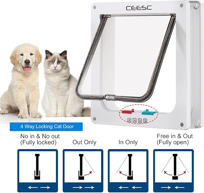 CEESC Cat Flap Door Magnetic Pet Door with 4 Way Lock for Cats, Kitties and Kittens, 2 Sizes and 2 Colors Options (L- Inner Size: 7.08"(W) x 7.48"(H), White)