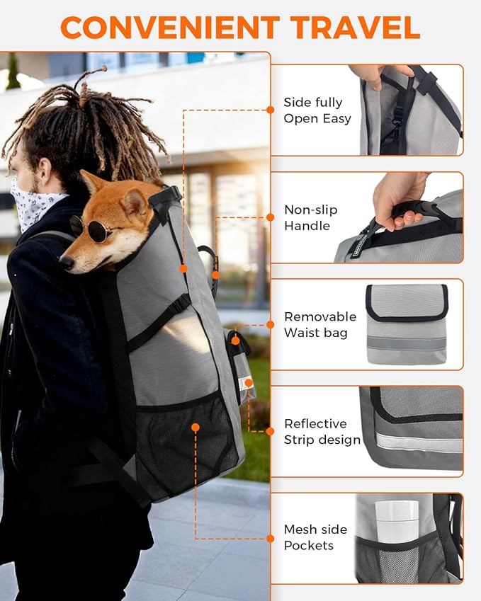 Dog Backpack Carrier for Medium Dogs - 4-Layer Protection, Under 30 lb, Waterproof, Adjustable Dog Travel Bag with Storage Pockets, Reflective Strips, Non-Slip Handle for Hiking - Grey