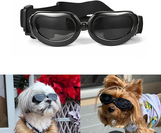 Dog Sunglasses Small Breed, UV Protection Small Dog Goggles, Wind Dust Proof Small Goggles with Adjustable Straps, Black