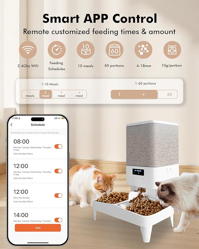 Automatic Cat Feeder for 2 Cats, 2.4G WiFi Timed Cat Feeder with APP Control, 20Cups/5L Automatic Food Dispenser, Dual Stainless Steel Bowls, 1-10 Meals/Day, Dual Power & Detachable for Easy Clean