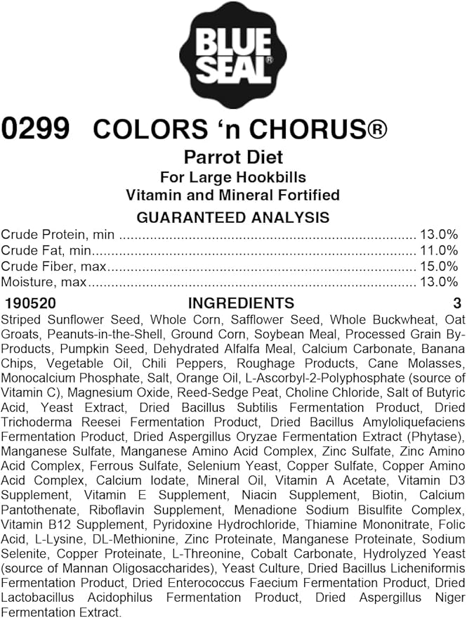 Blue Seal Colors ‘N Chorus Parrot Bird Feed | Premium Seeds and Ingredients for a Nutritious and Tasty Diet | 4 Pound Bag
