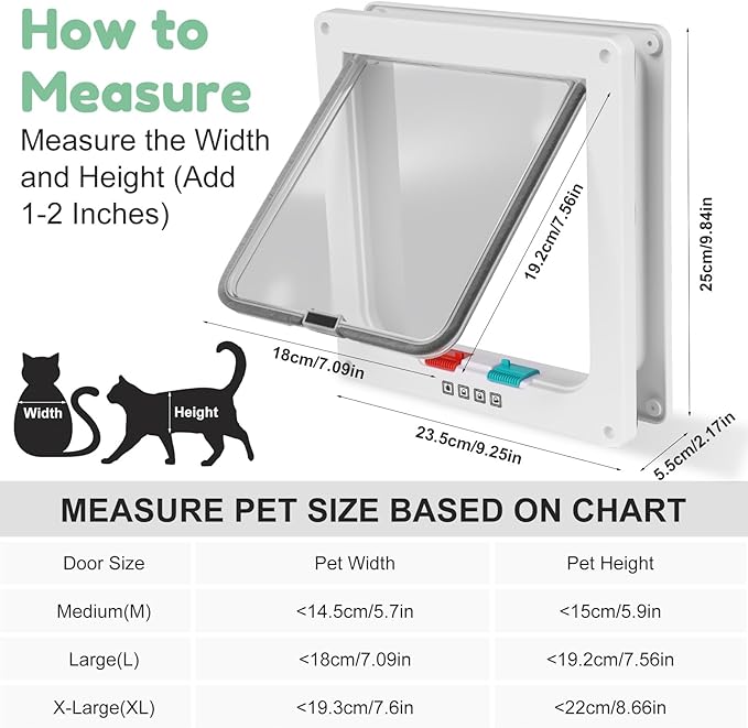 Cat Door- 4-Way Locking Option, Weatherproof & Secure Cat Flap with Easy Installation Kit for Interior/Exterior Doors and Walls (L)