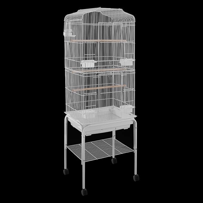 Large Rolling Bird Cage with Stand & Storage Shelf, 4-Tier Stackable Parrot Aviary for Cockatiels, Parakeets & Finches, Metal Birdcage with Slide-Out Tray, Feeding Bowls & Wheels (White)