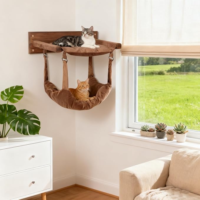 JSPYFITS Wooden Cat Wall Hammock, 18.9 x 12.6 Inch Double Layer Cat Furniture Hammock, Large Removable Multi-Function Cats Bed for Sleep/Play/Climb/Lounge Easy DIY Installation(Brown)