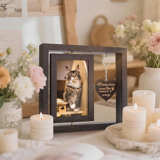 AVEAX Cat Memorial Gifts for Loss of Cat, Rotating Picture Frame 4x6, Pet Loss Sympathy Gift, Cat Memorial for Desktop Display, Brown