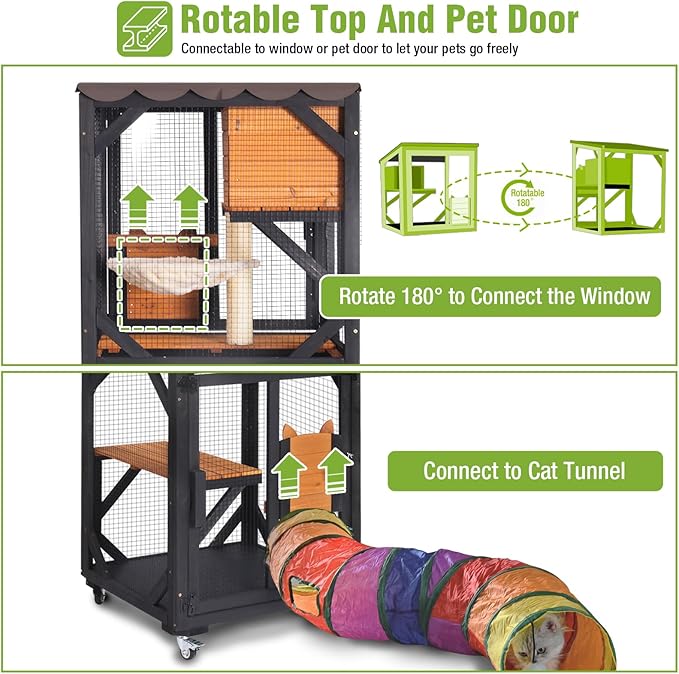 GUTINNEEN Catio Outdoor Cat Enclosure Mobile Cat House Indoor On Wheels with Scratch Post, Hammock, Resting Box, Platform, Tarp Roof 62.8", Black