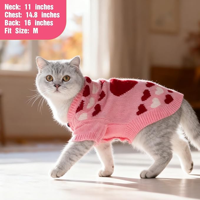 EXPAWLORER Cat Valentines Outfit Sweater Cardigan - Valentine's Day Knit Cat Clothes, Soft Puppy Sweater with Sleeve, Cute Warm Pet Clothing Knitwear, Kitten Coat for Girl Boy Cats, Love Heart L