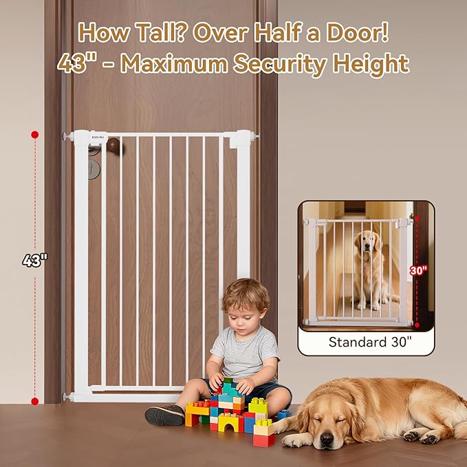 43 inch Tall Safety Dog Gate Adjustable 29.7-45.2 inch Extra-Wide Metal Pet Gate Drill-Free Pressure-Mount Installation kit Self-Closing Cat Gate for Stairwells、Doorways（White）
