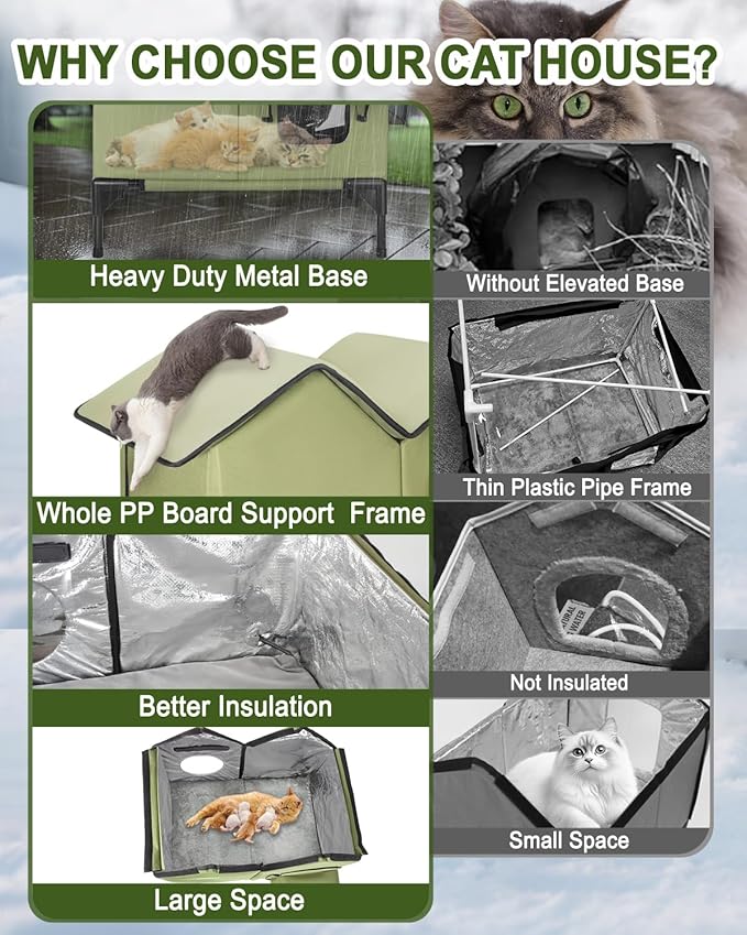 Large Heated Cat House for Outside in Winter, Elevated Insulated Heated Outdoor Cat House Weatherproof with Heating Pad, Waterproof Outdoor Cat Shelter for Multiple Cats Small Dogs(Green)