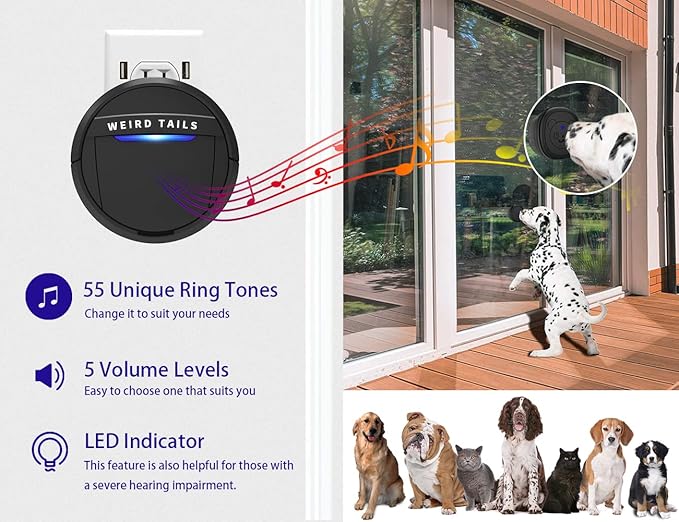 Wireless Doorbell, Dog Bells for Potty Training IP55 Waterproof Doorbell Chime Operating at 950 Feet with 55 Melodies 5 Volume Levels LED Flash (1 Receiver 2 Transmitters)