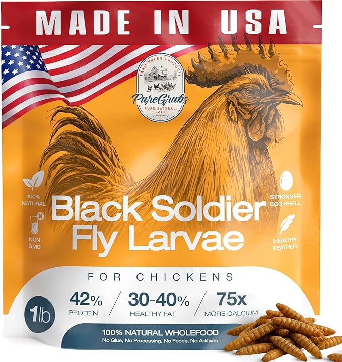 USA Grown Black Soldier Fly Larvae for Chickens - 100% Natural Dried Mealworms for Chickens - Grubs with 85X More Protein Chicken Treats for Laying Hens - Birds Feed Supplement for Ducks & Reptiles