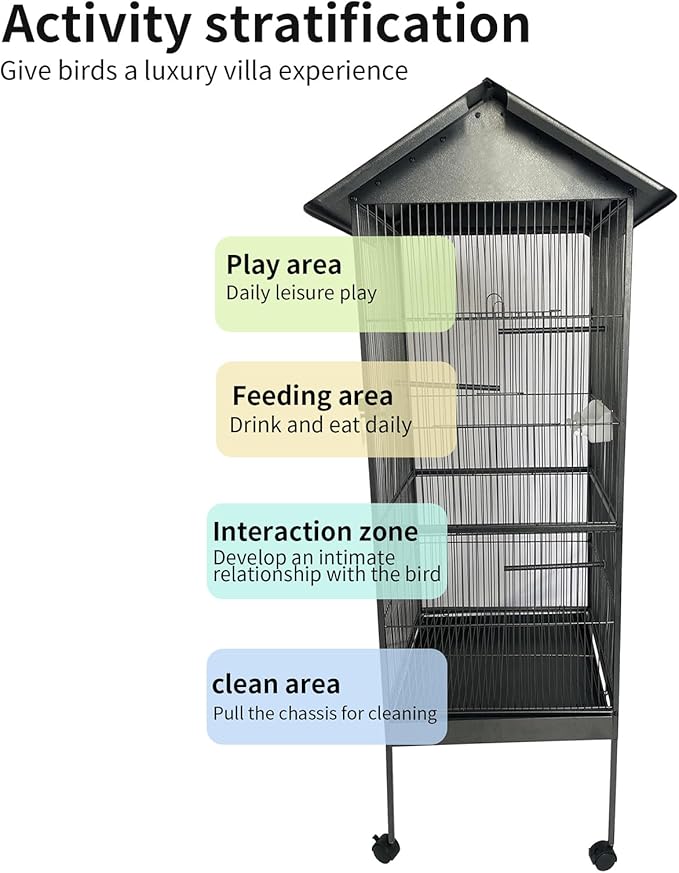 Bird Cage with Rolling Stand Spacious Space for Parakeets Cockatiels Parrot Green Cheek Conures Pigeons Lovebird (25.98''L x 25.59''W x 57.48''H) Grey One Size
