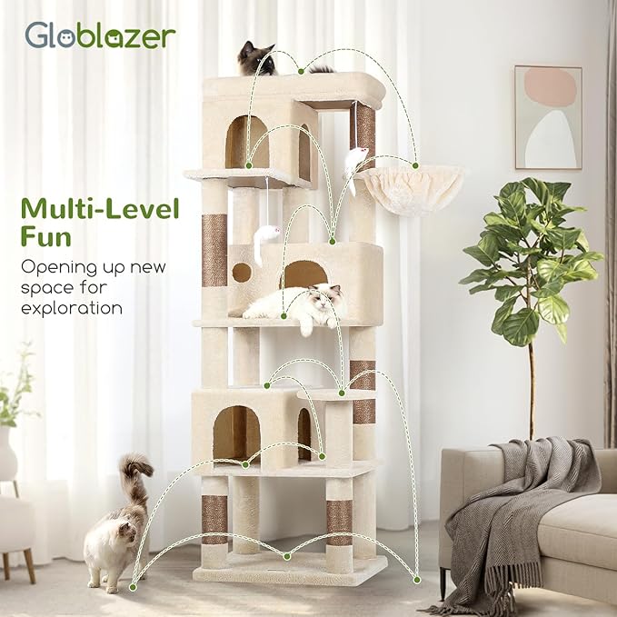 Globlazer Corner Cat Tree 66 inch Multi-Level Climbing Tower Kitty Condos Cat Scratching Tower for Indoor Multiple Cats with Large Platform, 3 Cat Caves, F66, Beige