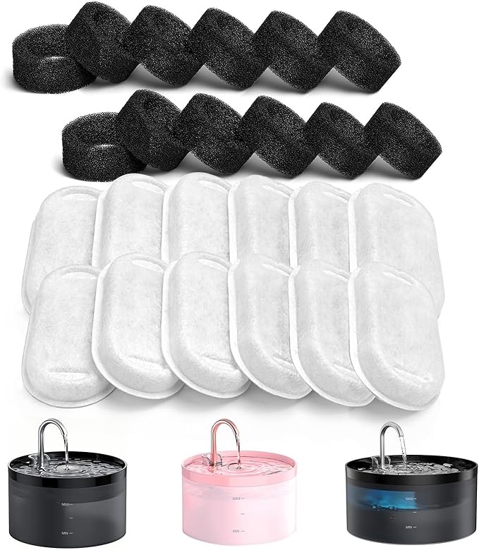 GIOTOHUN Pet Water Fountain Filter: 24 Cat Water Fountain Filters - 12 Pieces Filters + 12 Pieces Sponges for Cat Fountain H1 (67oz/2L)